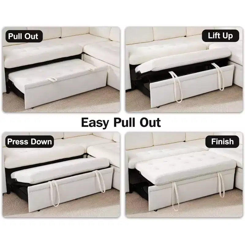 Divano componibile Dyonery a 8 posti a U con letto estraibile/schienale reclinabile/porte USB/tavolo/vano contenitore, montaggio senza attrezzi