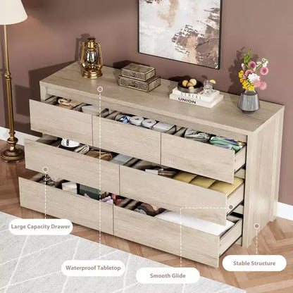 Comò Moderno Largo a 7 Cassetti per Camera da Letto, Grande Cassettiera in Legno con Organizzatore per Soggiorno, Corridoio e Ingresso