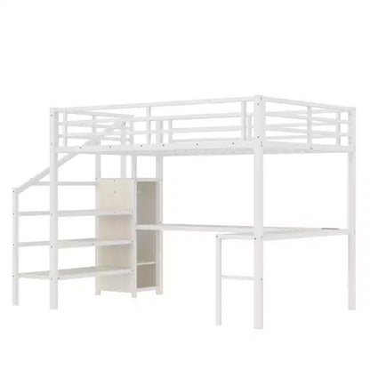Letto a soppalco Queen Size con scrivania a L e USB, Letto a soppalco in metallo con armadio e regolabile