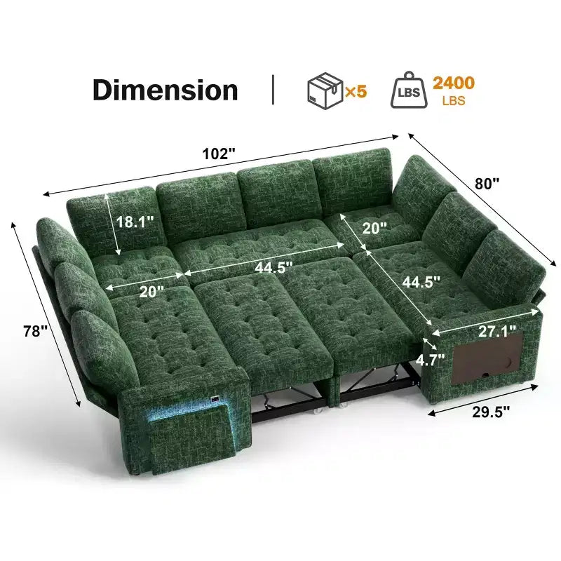 Divano componibile Dyonery a 8 posti a U con letto estraibile/schienale reclinabile/porte USB/tavolo/vano contenitore, montaggio senza attrezzi