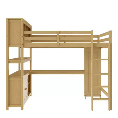 Letto a soppalco in legno con armadio e libreria, letto a soppalco Queen Size con guardaroba e scrivania per bambini, naturale