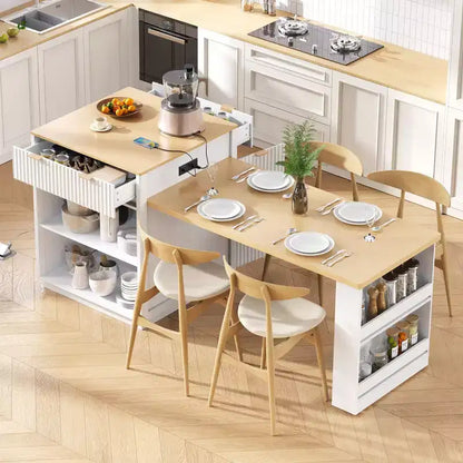 Îlot de cuisine cannelé avec table extensible, prise électrique et rangement double face