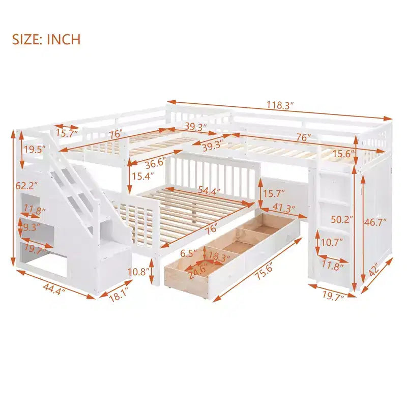 Lit superposé en L Whisen Modern Design (jumeau sur grand) avec 3 tiroirs, bureau portable et armoire