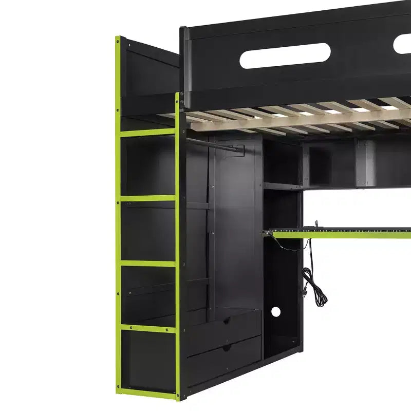 Merax Letto a soppalco a una piazza e mezza con scrivania, armadio, luci LED RGB e porta di ricarica USB Elegante struttura nera con spazio multi-contenitore per gli amanti dei giochi