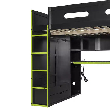 Merax Letto a soppalco a una piazza e mezza con scrivania, armadio, luci LED RGB e porta di ricarica USB Elegante struttura nera con spazio multi-contenitore per gli amanti dei giochi