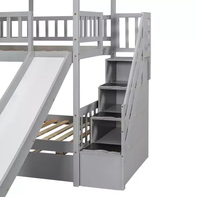 Letto a Castello Whisen Twin over Twin con Letto Estraibile e Scivolo, Scala Contenitore, Design Tetto e Finestra