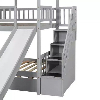 Letto a Castello Whisen Twin over Twin con Letto Estraibile e Scivolo, Scala Contenitore, Design Tetto e Finestra