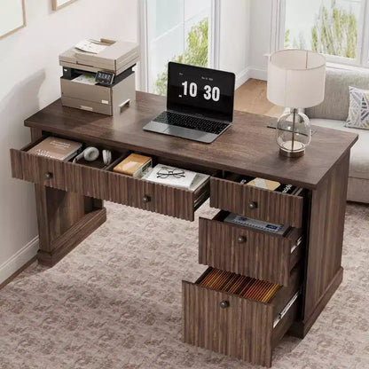 Contenitore scanalato per scrivania da ufficio, scrivania direzionale moderna da 54" con stazione di ricarica, scrivania in legno per computer con cassetti classificatori per studio