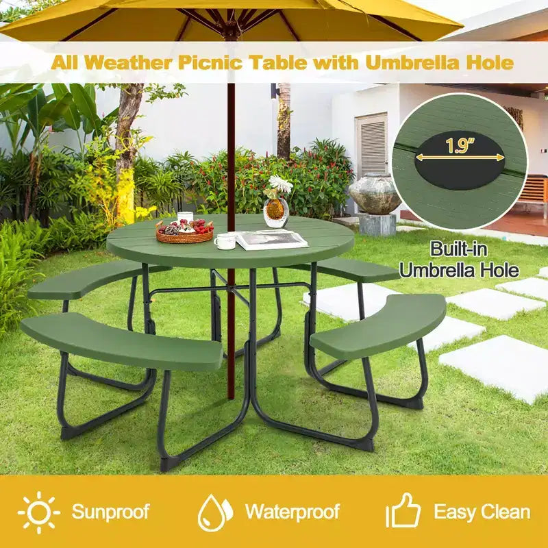 Costway Set Tavolo da Picnic Rotondo da Esterno a 8 Posti con 4 Panche e Foro per Ombrellone Nero/Grigio/Verde/Bianco