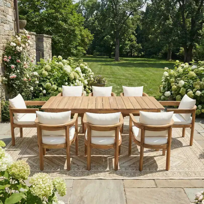 Christopher Knight Home Irene Set da pranzo da esterno rustico a 9 pezzi in legno di acacia con sedie con schienale curvo e cuscini