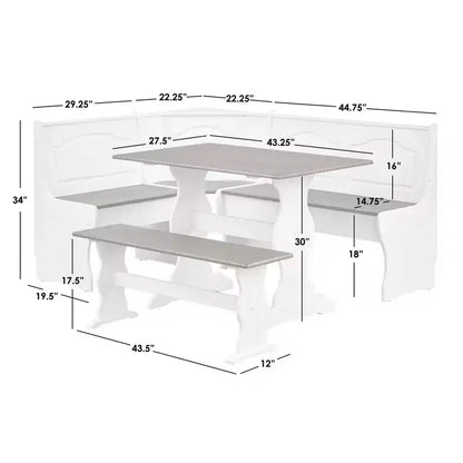 Buylateral Lot de 3 ensemble de salle à manger d'angle pour petit-déjeuner en bois massif Washington Farmhouse blanc/noyer foncé : en forme de L, pin massif, banc de rangement