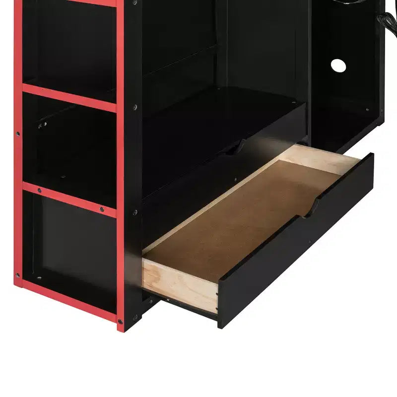 Merax Letto a soppalco a una piazza e mezza con scrivania, armadio, luci LED RGB e porta di ricarica USB Elegante struttura nera con spazio multi-contenitore per gli amanti dei giochi