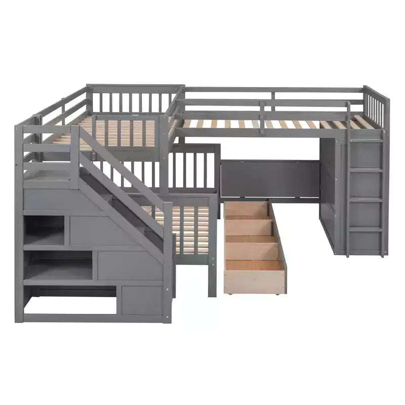 Lit superposé en L Whisen Modern Design (jumeau sur grand) avec 3 tiroirs, bureau portable et armoire