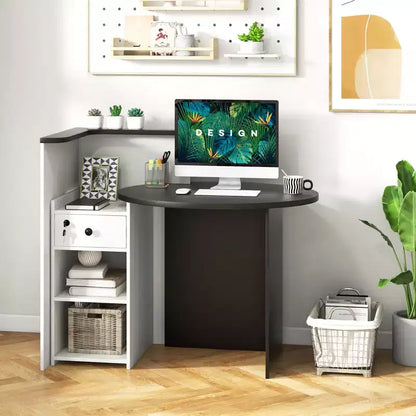 Costway Bancone per Reception, Scrivania da Ufficio con Ripiano Aperto e Cassetto con Serratura, Bianco/Marrone/Nero