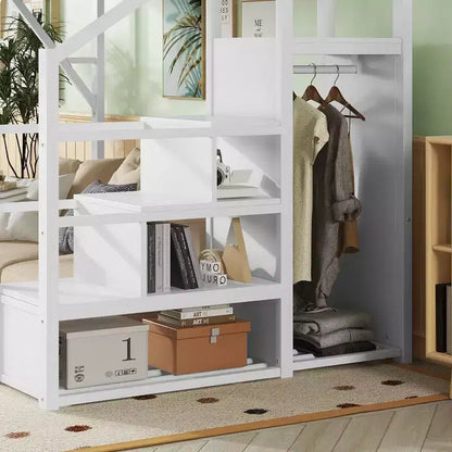 Lit mezzanine pleine grandeur en métal blanc avec escalier, étagères de rangement et lit mezzanine haut avec armoire pour enfants et adolescents