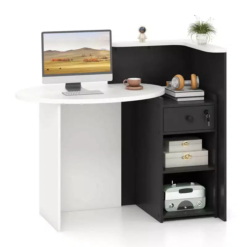 Costway Bancone per Reception, Scrivania da Ufficio con Ripiano Aperto e Cassetto con Serratura, Bianco/Marrone/Nero