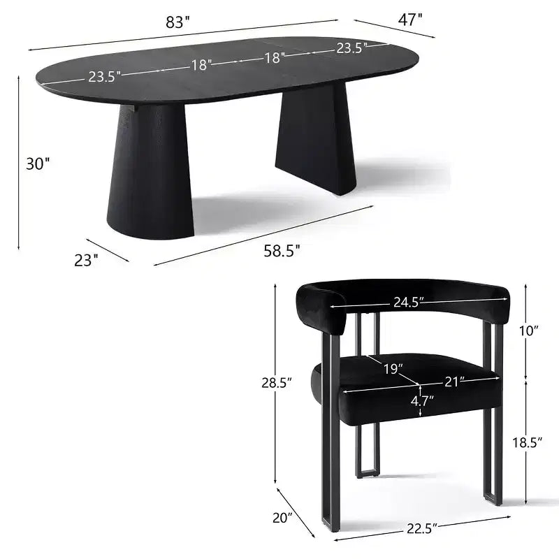 Set tavolo da pranzo allungabile da 120-210 cm per 4 persone, tavolo nero e 4 sedie da pranzo imbottite in velluto con gambe in metallo, stile moderno