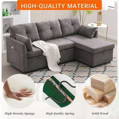 Divano Sezionale a L con Chaise Reversibile, Rivestimento in Velluto a Coste/Ciniglia, con Bracciolo Portaoggetti e Tasca Laterale