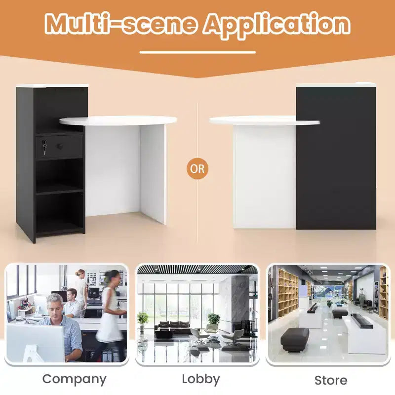 Costway Bancone per Reception, Scrivania da Ufficio con Ripiano Aperto e Cassetto con Serratura, Bianco/Marrone/Nero