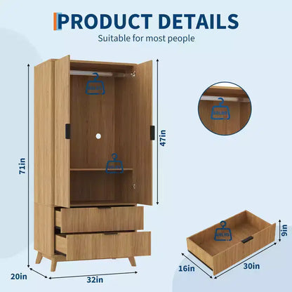 Armoire à portes cannelées, Armoire en bois de 71 pouces avec 2 portes, 2 tiroirs, étagère réglable et tringle de suspension, Armoire de rangement pour vêtements