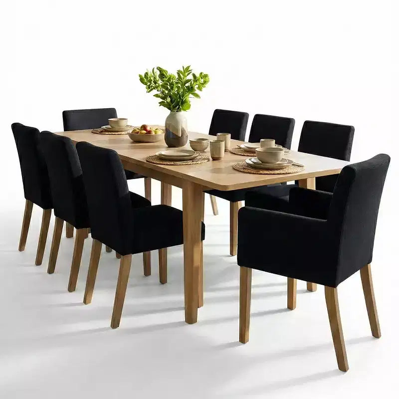 Set da pranzo da 9 pezzi con prolunga, include 6 sedie senza braccioli e 2 poltrone in lino neutro, gambe in legno massello, stile moderno-Panipeachy