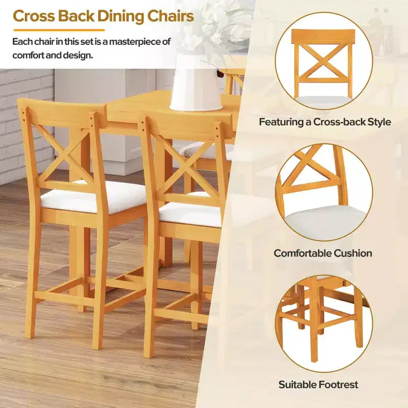 Set da pranzo a 5 pezzi in stile rustico ad altezza bancone per 4 persone, set da tavolo da bar in legno con ripiani e 4 sedie imbottite