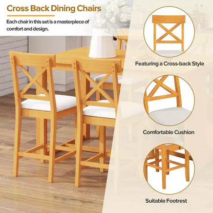Set da pranzo a 5 pezzi in stile rustico ad altezza bancone per 4 persone, set da tavolo da bar in legno con ripiani e 4 sedie imbottite
