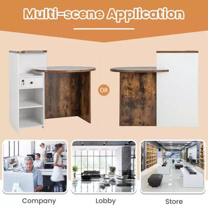Costway Bancone per Reception, Scrivania da Ufficio con Ripiano Aperto e Cassetto con Serratura, Bianco/Marrone/Nero