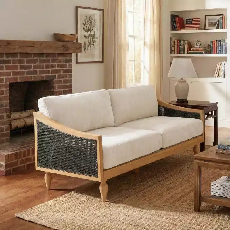 Divanetto Divano Moderno di Metà Secolo con Morbida Imbottitura, Braccioli in Rattan e Gambe in Legno, Divano a 2 Posti per Soggiorno, Camera da Letto o Appartamento-Panipeachy
