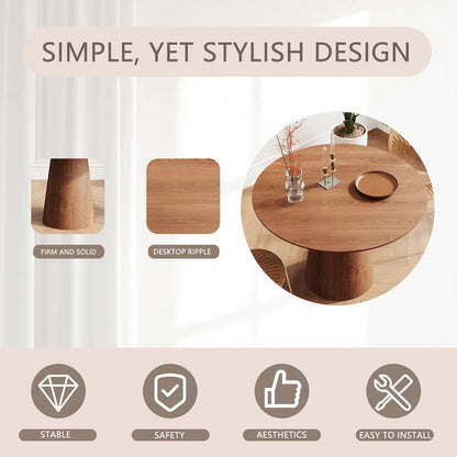 Table de salle à manger ronde pour 4-6 personnes, en bois naturel avec pied conique en bois, style rustique minimaliste