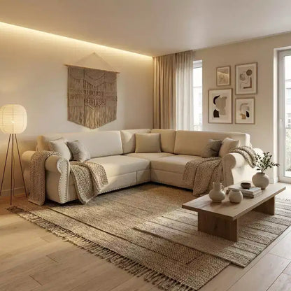 Canapé convertible d'angle 5 places Homy Casa 88 avec lit gigogne, revêtement chenille, beige