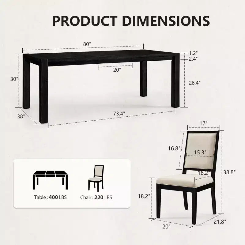 Set da Pranzo Moderno - Tavolo 80" + 6 Sedie Imbottite, Struttura in Legno Massello, Capacità Tavolo 400 libbre, Facile Montaggio