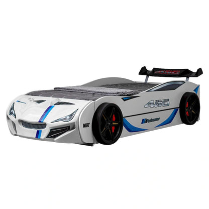 Lit enfant voiture de course double avec lit gigogne, finition brillante, pas besoin de sommier tapissier