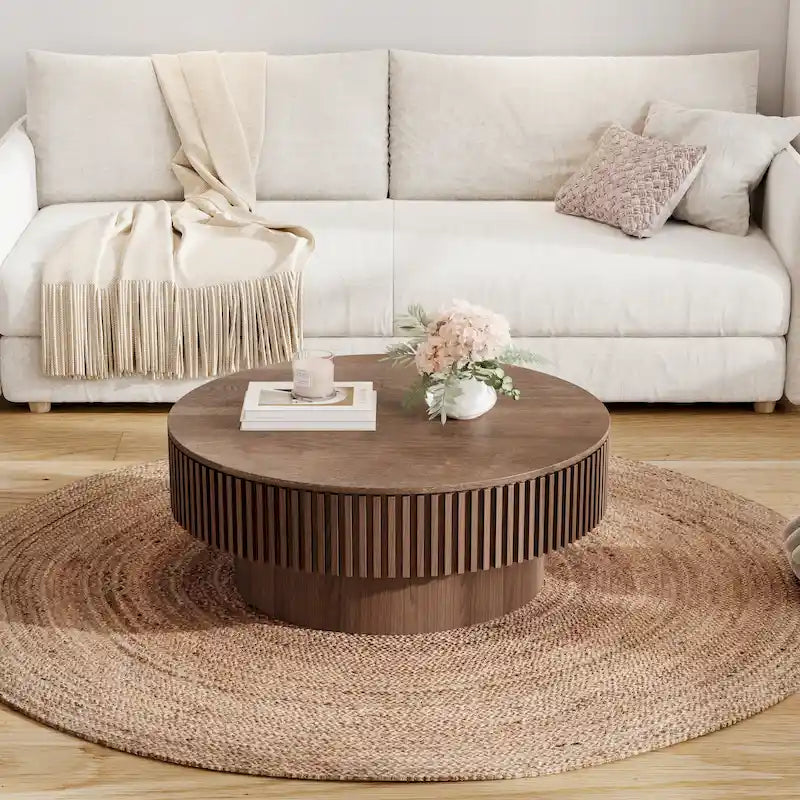 Tavolino rotondo moderno in legno massello impiallacciato con contenitore