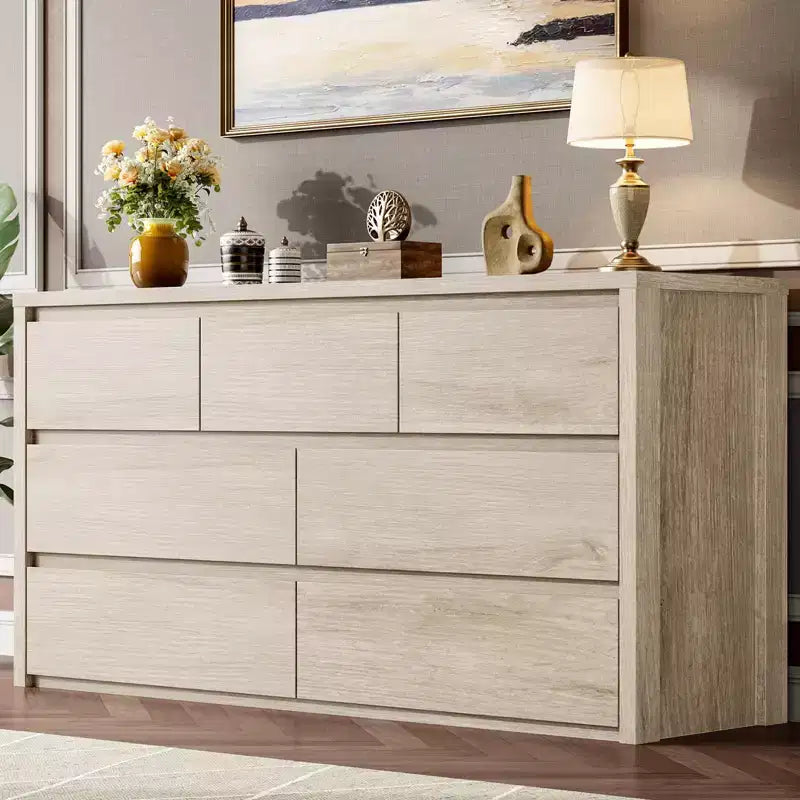 Comò Moderno Largo a 7 Cassetti per Camera da Letto, Grande Cassettiera in Legno con Organizzatore per Soggiorno, Corridoio e Ingresso