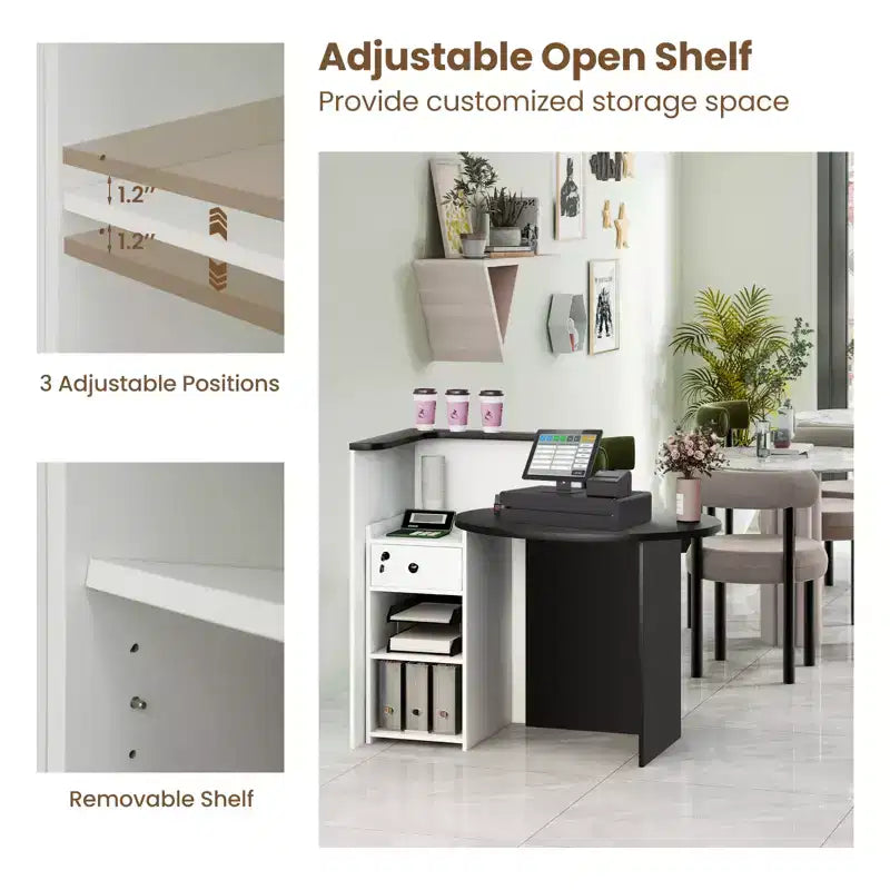 Costway Bancone per Reception, Scrivania da Ufficio con Ripiano Aperto e Cassetto con Serratura, Bianco/Marrone/Nero