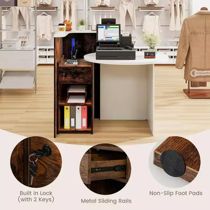 Costway Bancone per Reception, Scrivania da Ufficio con Ripiano Aperto e Cassetto con Serratura, Bianco/Marrone/Nero