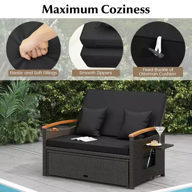 Set divano letto in rattan per esterni Costway con divanetto imbottito e poggiapiedi contenitore per veranda Beige/Blu marino/Rosso/Turchese/Nero/Grigio