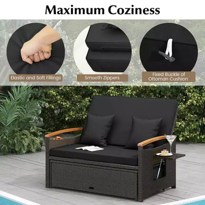 Set divano letto in rattan per esterni Costway con divanetto imbottito e poggiapiedi contenitore per veranda Beige/Blu marino/Rosso/Turchese/Nero/Grigio