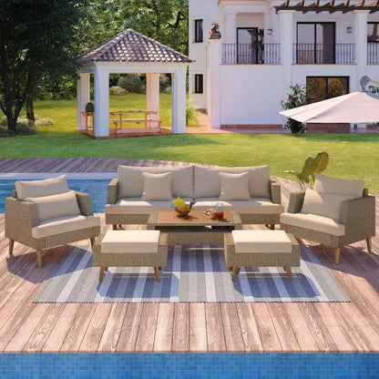Whisen Set Divani 6 Pezzi in Vimini PE Resistente alle Intemperie, Divano da Esterno in Rattan con Doppi Cuscini