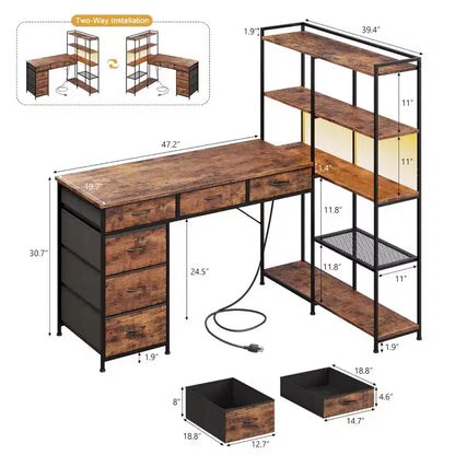 Scrivania per computer a L da 47" con 6 cassetti e mensole a 5 ripiani, scrivania angolare reversibile da gaming con luci LED e prese di corrente
