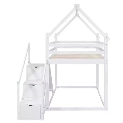 Lits superposés maison avec toboggan et escaliers de rangement, lit superposé double en bois avec toit et escaliers pour filles et garçons