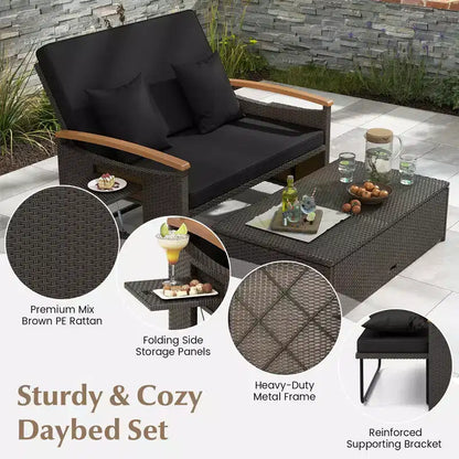 Set divano letto in rattan per esterni Costway con divanetto imbottito e poggiapiedi contenitore per veranda Beige/Blu marino/Rosso/Turchese/Nero/Grigio