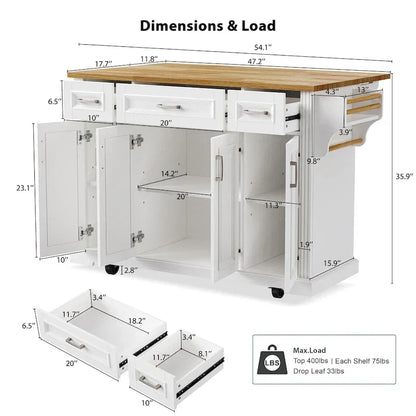 Grande isola da cucina con ribalta in legno, carrello da cucina arrotolabile con texture in rilievo, ante e cassetti con contenitore per cucina, bianco