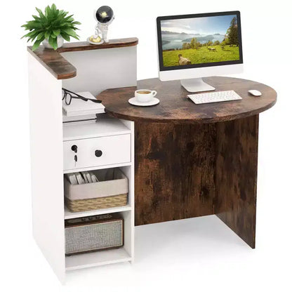 Costway Bancone per Reception, Scrivania da Ufficio con Ripiano Aperto e Cassetto con Serratura, Bianco/Marrone/Nero