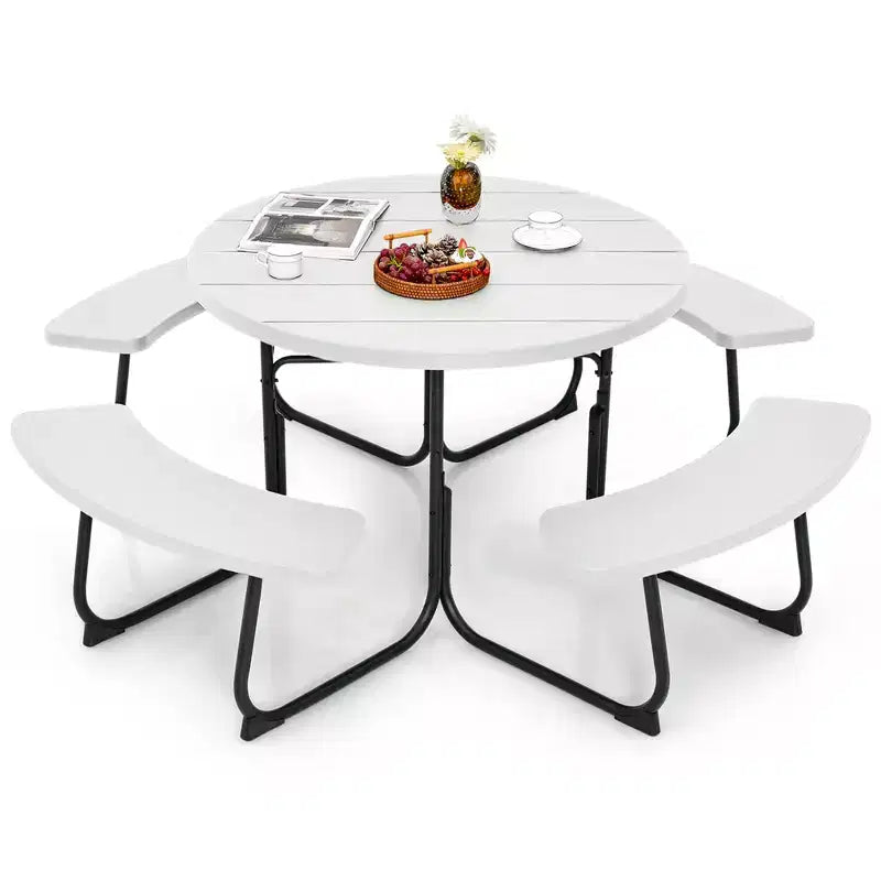 Costway Set Tavolo da Picnic Rotondo da Esterno a 8 Posti con 4 Panche e Foro per Ombrellone Nero/Grigio/Verde/Bianco