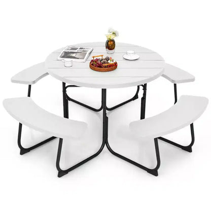 Costway Set Tavolo da Picnic Rotondo da Esterno a 8 Posti con 4 Panche e Foro per Ombrellone Nero/Grigio/Verde/Bianco