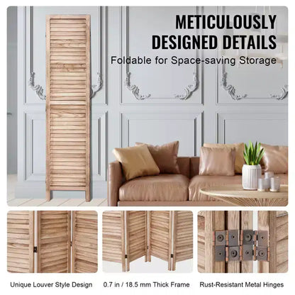 Paravent en bois 4 panneaux VEVOR, Cloison d'intimité pliable en bois, Séparateur de pièce intérieur à persiennes de 170 cm de haut, Écran de décoration portable