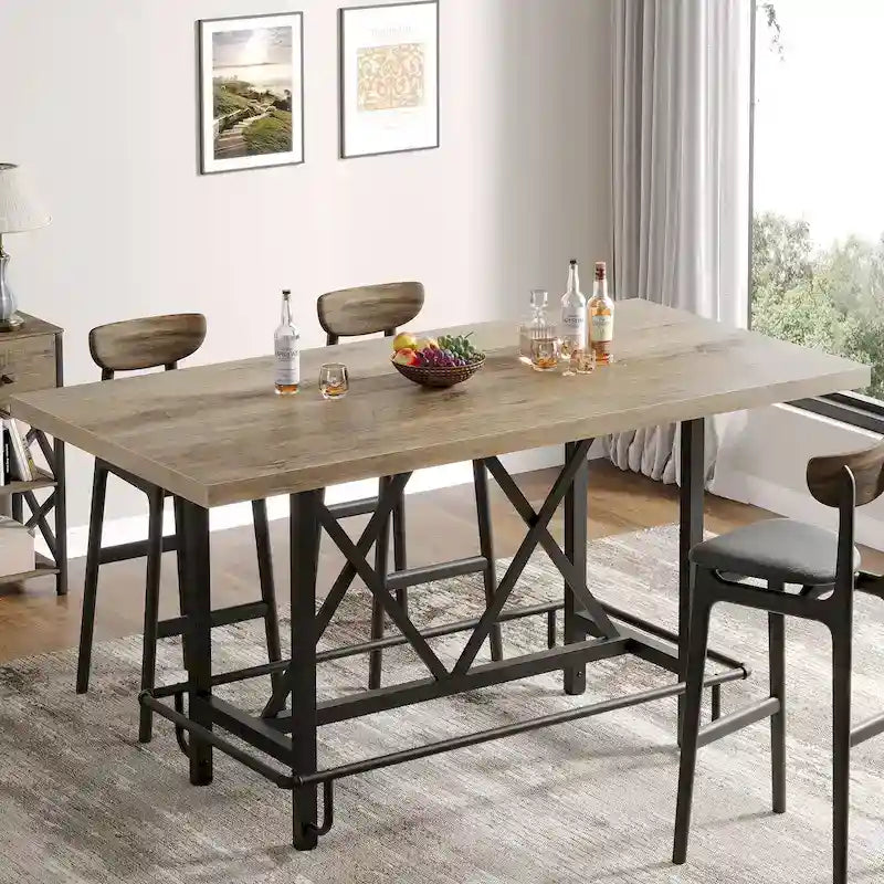 Tavolo da pub alto da 6 posti con poggiapiedi, tavolo da bar alto con piano in legno spesso e struttura in metallo per casa/cucina