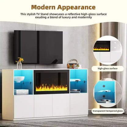 Meuble TV moderne avec lumières LED pour téléviseur de 75 pouces, table console multimédia avec étagères en verre trempé et foyer non chauffant